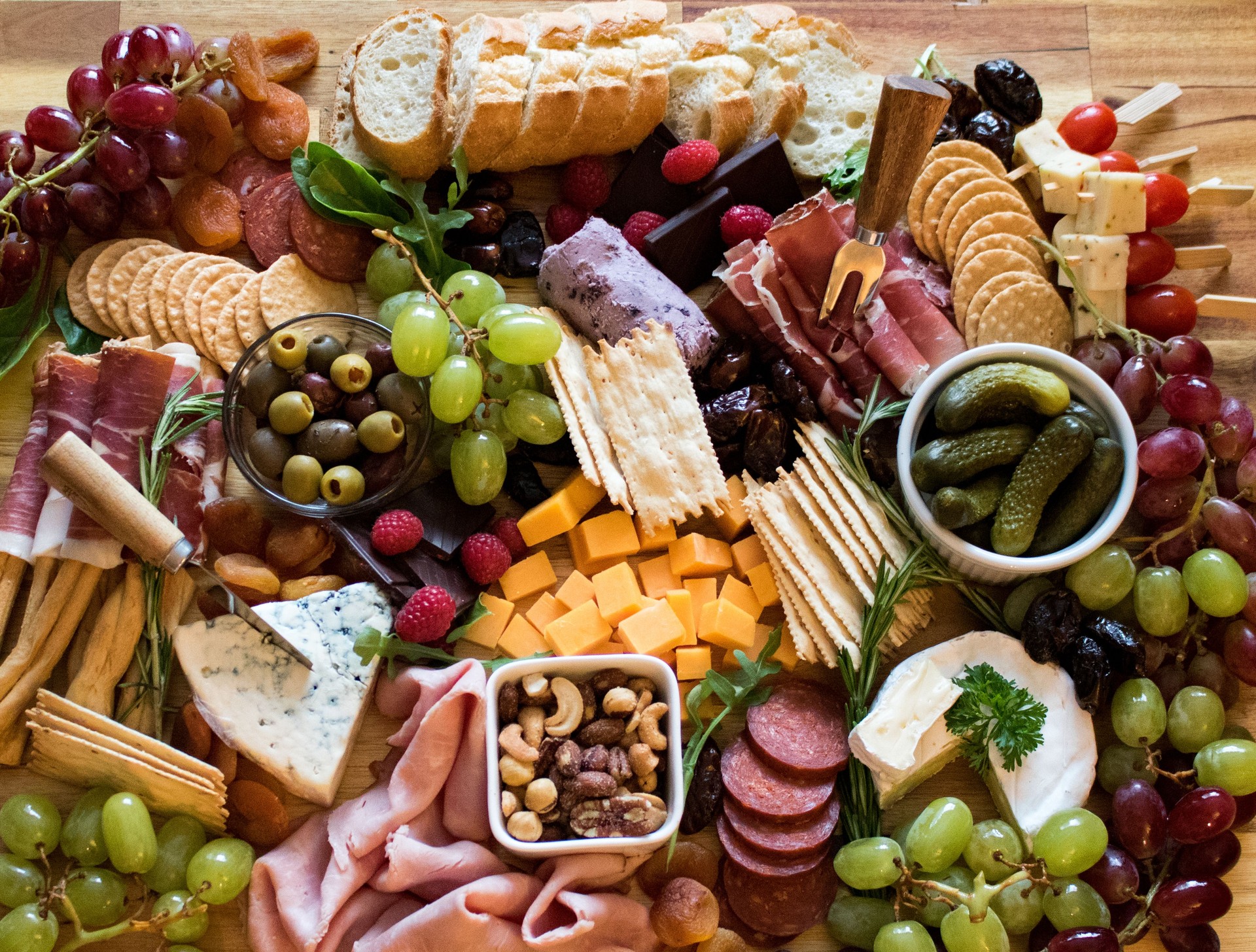 Food on a board from above.